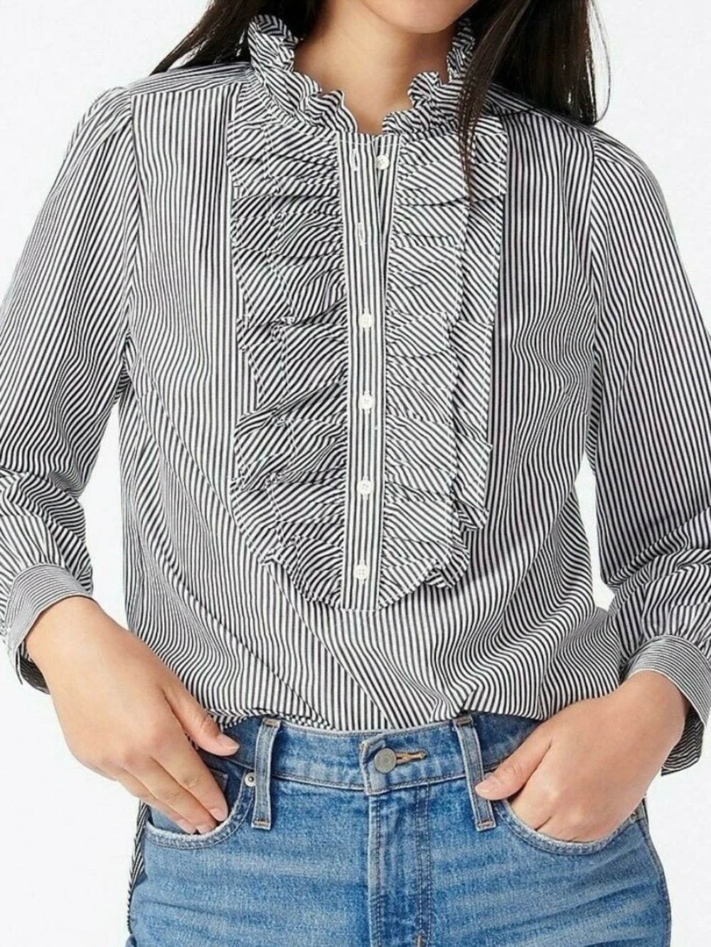J. Crew Black and White Striped Ruffle Front Button-Down Blouse